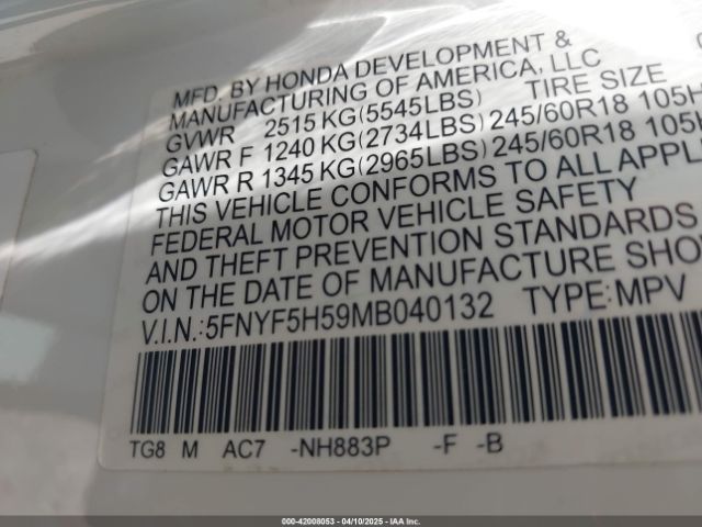 5FNYF5H59MB040132 Honda Pilot 2wd Ex-l