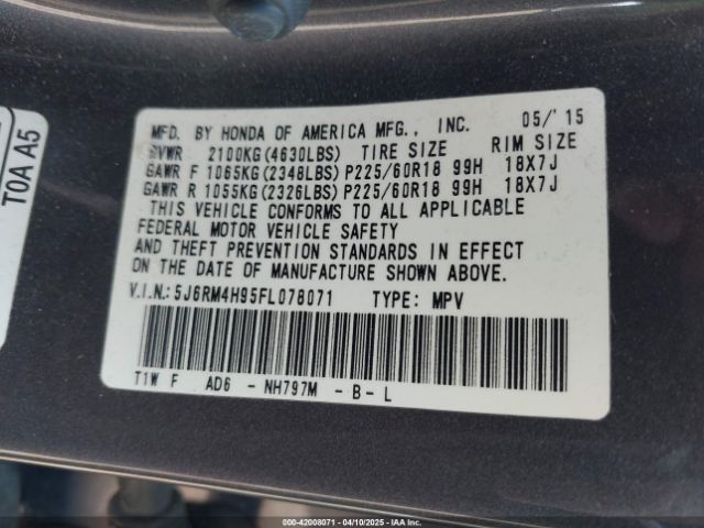 5J6RM4H95FL078071 Honda Cr-v Touring