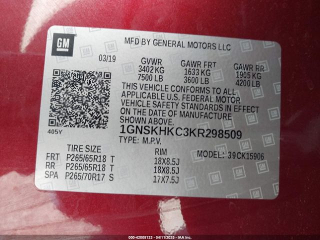1GNSKHKC3KR298509 Chevrolet Suburban Lt