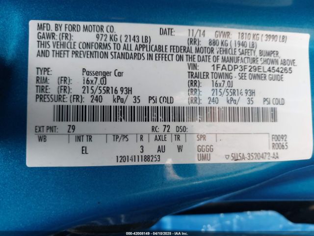 1FADP3F29EL454265 Ford FOCUS SE