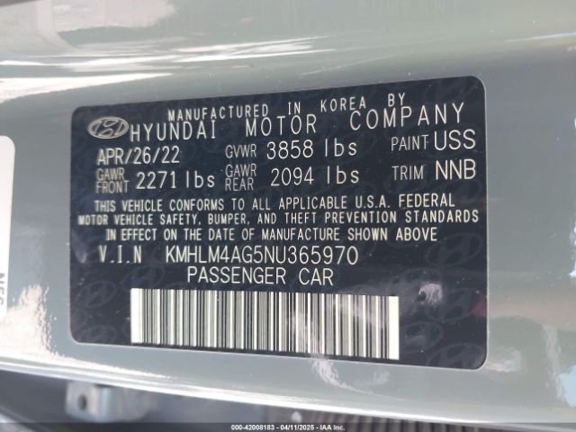 KMHLM4AG5NU365970 Hyundai ELANTRA SEL