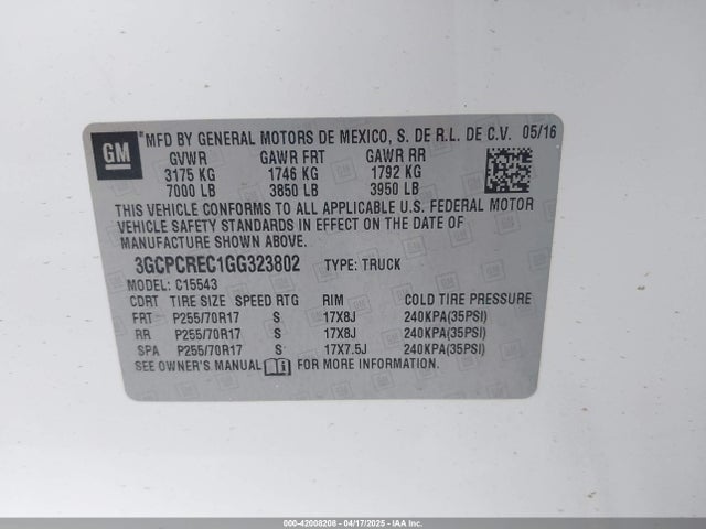 3GCPCREC1GG323802 Chevrolet Silverado 1500 1lt