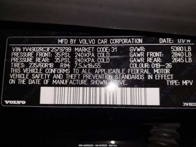YV4902RC3F2579799 Volvo Xc60 T6 Premier Plus