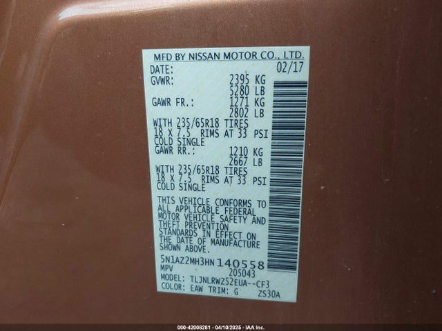 5N1AZ2MH3HN140558 Nissan MURANO SL