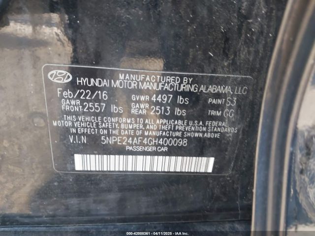 5NPE24AF4GH400098 Hyundai Sonata