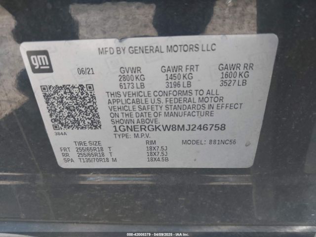 1GNERGKW8MJ246758 Chevrolet Traverse Fwd Lt Cloth