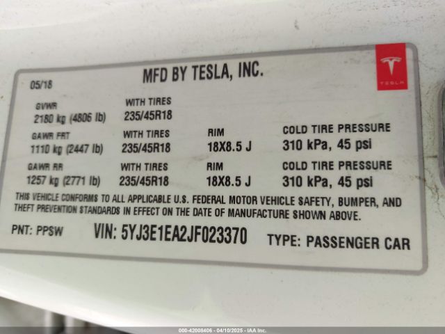 5YJ3E1EA2JF023370 Tesla Model 3 Long Range/mid Range