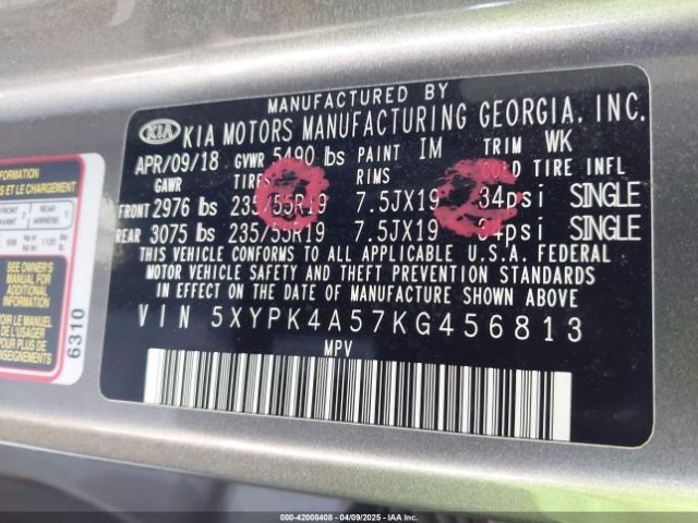 5XYPK4A57KG456813 KIA Sorento 3.3l Sx