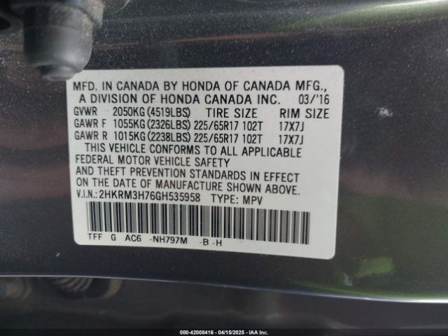 2HKRM3H76GH535958 Honda Cr-v Ex-l