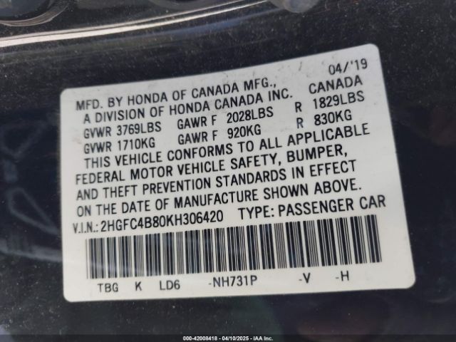 2HGFC4B80KH306420 Honda Civic Sport