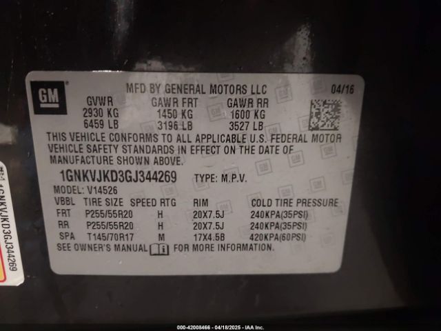 1GNKVJKD3GJ344269 Chevrolet Traverse Ltz