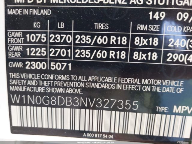 W1N0G8DB3NV327355 Mercedes-Benz Glc 300 Suv