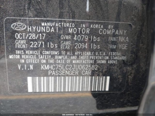 KMHC75LC2JU062582 Hyundai Ioniq Hybrid Sel