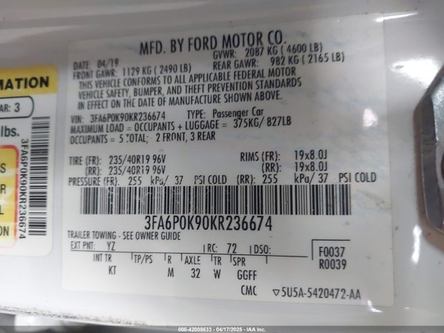 Ford Fusion Titanium 2019 3FA6P0K90KR236674 Image 9