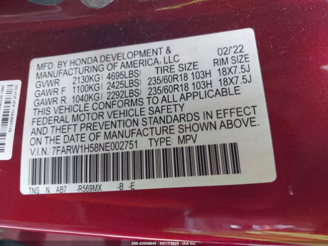 7FARW1H58NE002751 Honda Cr-v 2wd Ex