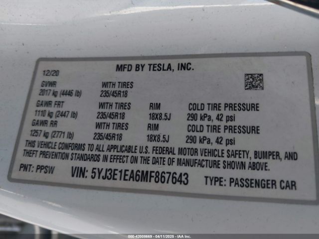2021 TESLA MODEL 3 5YJ3E1EA6MF867643 Photo 8