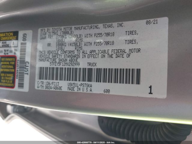 2021 TOYOTA TUNDRA 5TFEY5F12MX292999 Photo 8