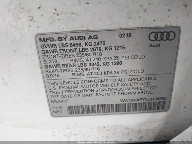 WA1ANAFYXJ2136550 Audi 2018