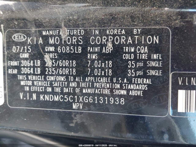 KNDMC5C1XG6131938 KIA dohc gdi lambda ii