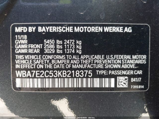 WBA7E2C53KB218375 BMW 740I