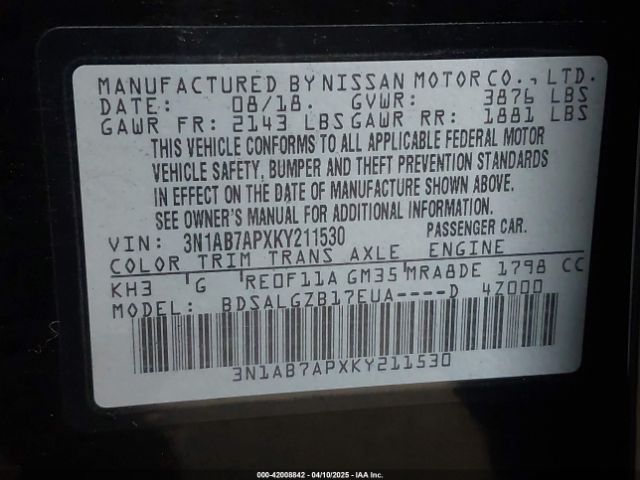 3N1AB7APXKY211530 Nissan SENTRA SL