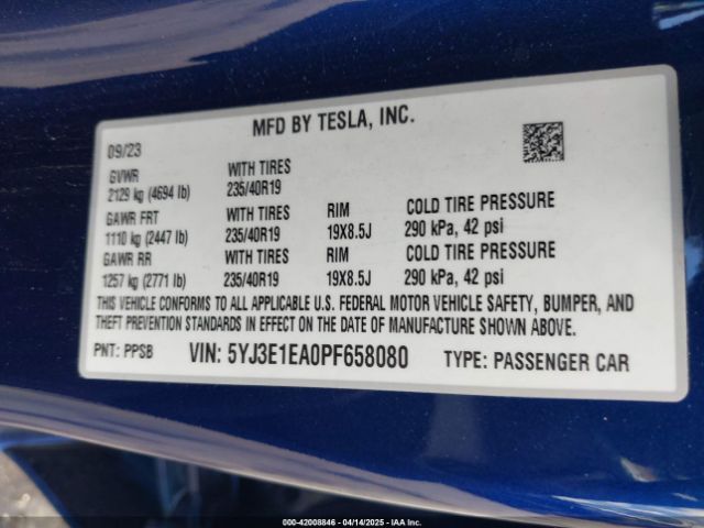 5YJ3E1EA0PF658080 Tesla Model 3 Rear-wheel Drive