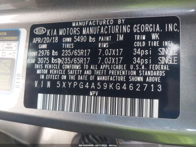 5XYPG4A59KG462713 KIA Sorento 3.3l Lx