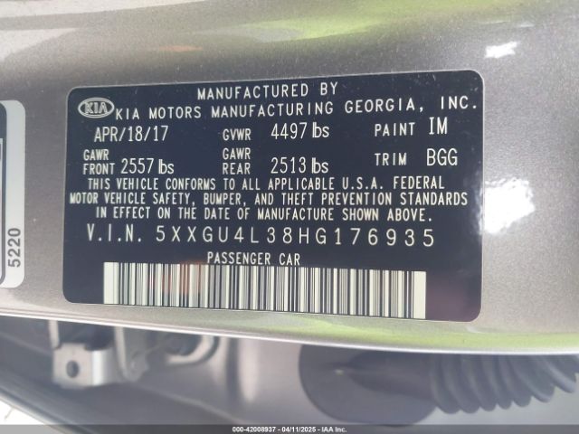 5XXGU4L38HG176935 KIA OPTIMA EX