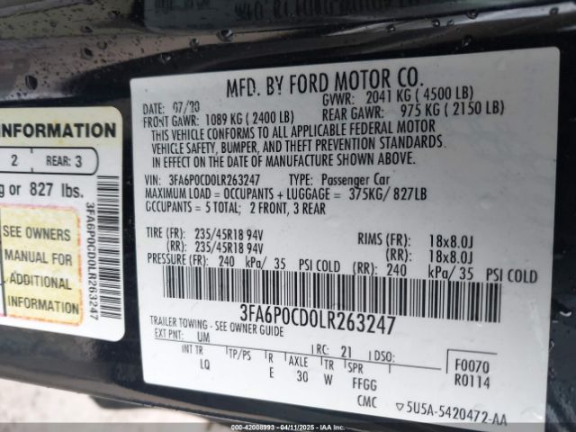 3FA6P0CD0LR263247 Ford FUSION SEL