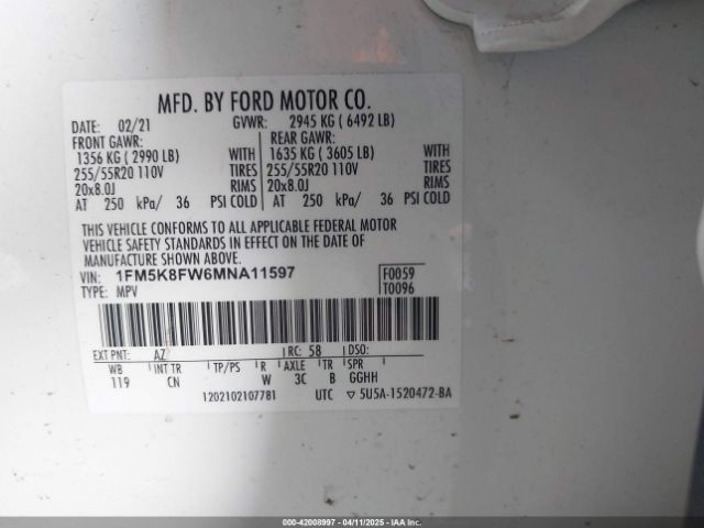 1FM5K8FW6MNA11597 Ford Explorer Limited