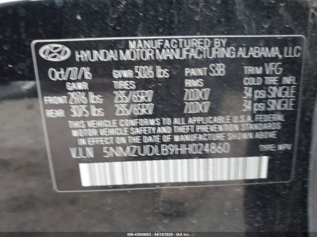 5NMZUDLB9HH024860 Hyundai Santa Fe Sport 2.4l