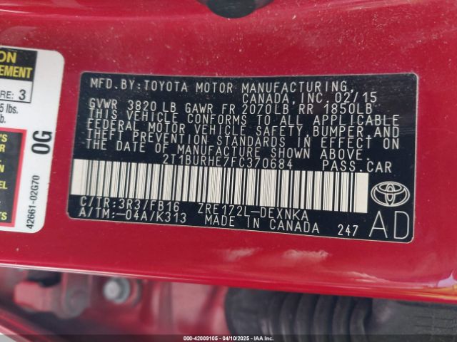 2T1BURHE7FC370684 Toyota COROLLA LE