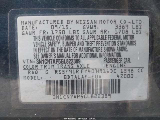 Nissan Versa 1.6 S 2016 3N1CN7AP5GL822389 Image 9