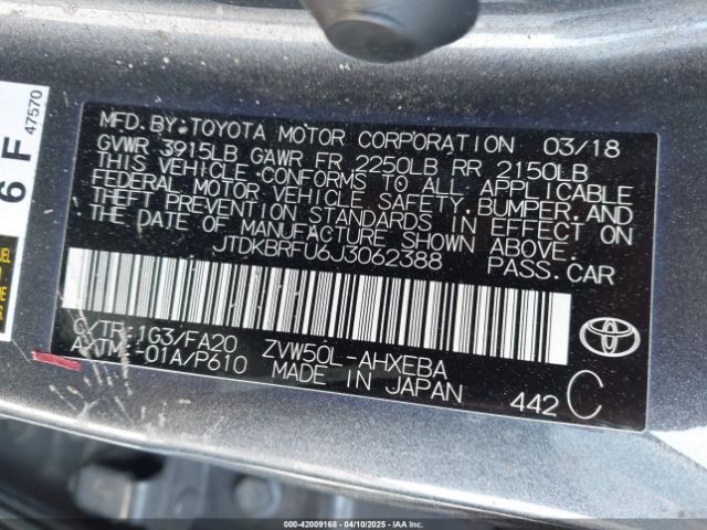 JTDKBRFU6J3062388 Toyota Prius One