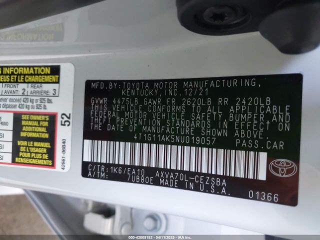4T1G11AK5NU019057 Toyota CAMRY SE