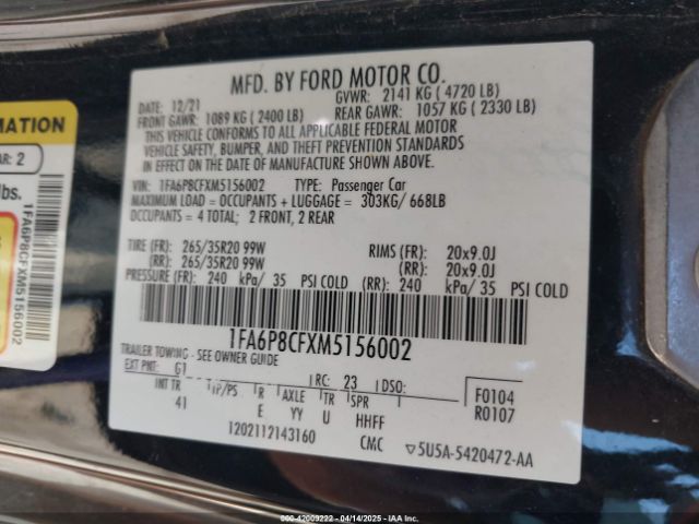 1FA6P8CFXM5156002 Ford Mustang Gt Premium Fastback