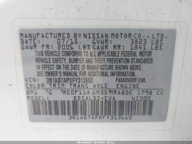 3N1AB7APXFY313660 Nissan SENTRA SV