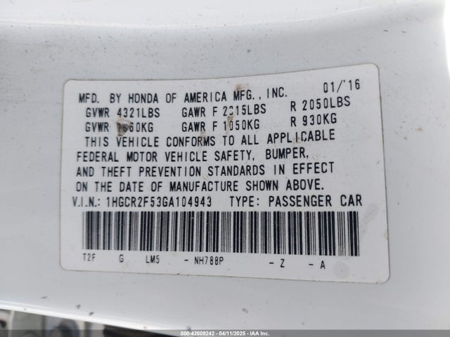 1HGCR2F53GA104943 Honda Accord Sport