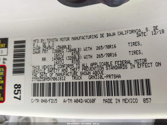 3TMDZ5BN5KM061812 Toyota Tacoma Trd Off Road