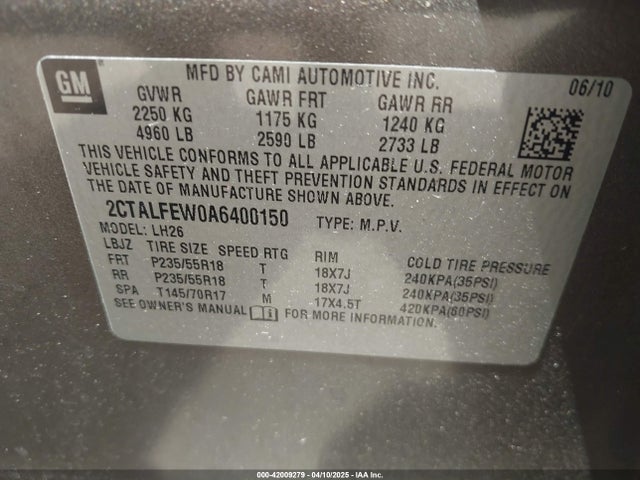 42009279 :رقم المزاد ، 2CTALFEW0A6400150 vin ، 2010 Gmc Terrain Slt-1 مزاد بيع