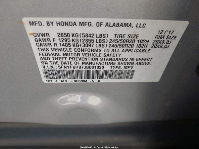 5FNYF6H07JB001030 Honda Pilot Elite