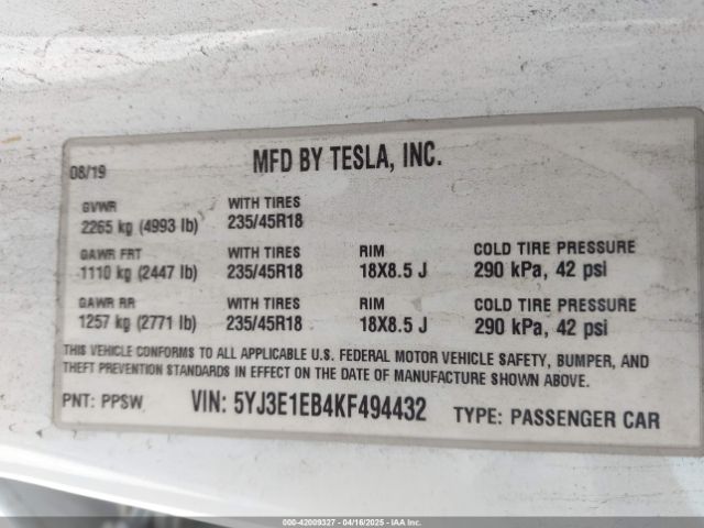 5YJ3E1EB4KF494432 Tesla Model 3 Long Range/performance