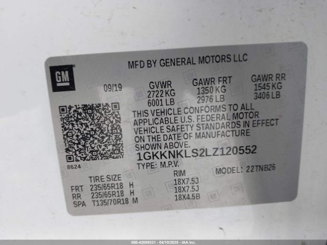 1GKKNKLS2LZ120552 GMC lgx - direct injection, variable valve timing, alum, gen 2