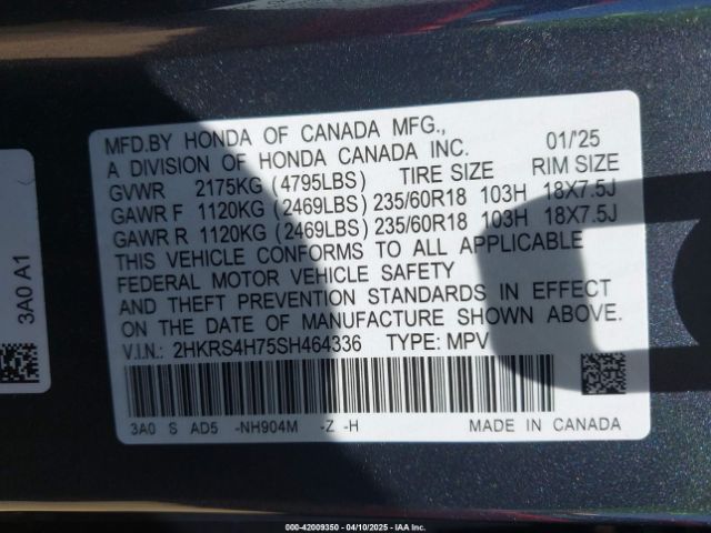 2HKRS4H75SH464336 Honda Cr-v Ex-l Awd