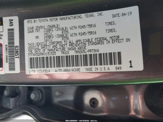 5TFAX5GN9KX151525 Toyota Tacoma Sr