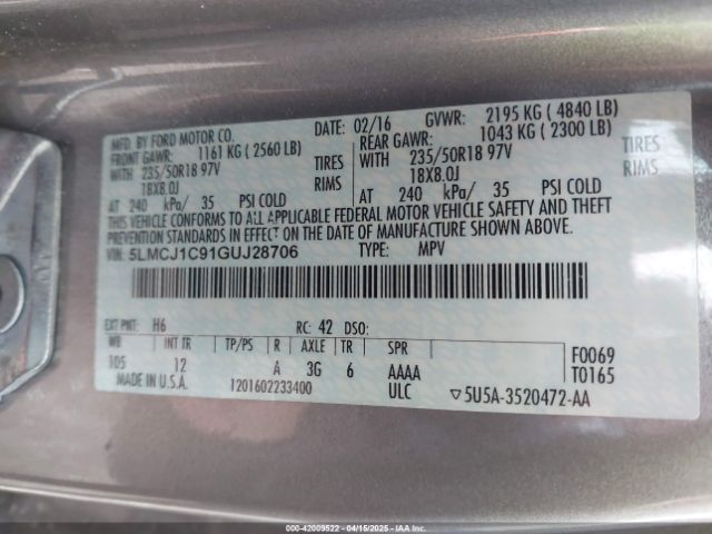 5LMCJ1C91GUJ28706 Lincoln Mkc Premier