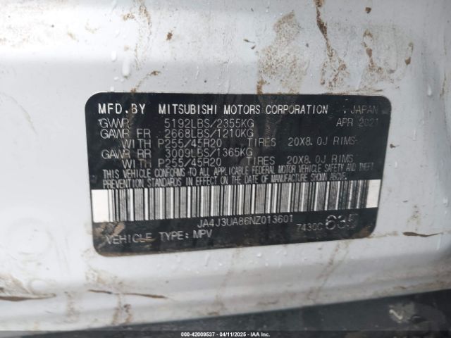 JA4J3UA86NZ013601 Mitsubishi Outlander Black Edition 2wd/se 2.5 2wd/se Launch Edition 2wd