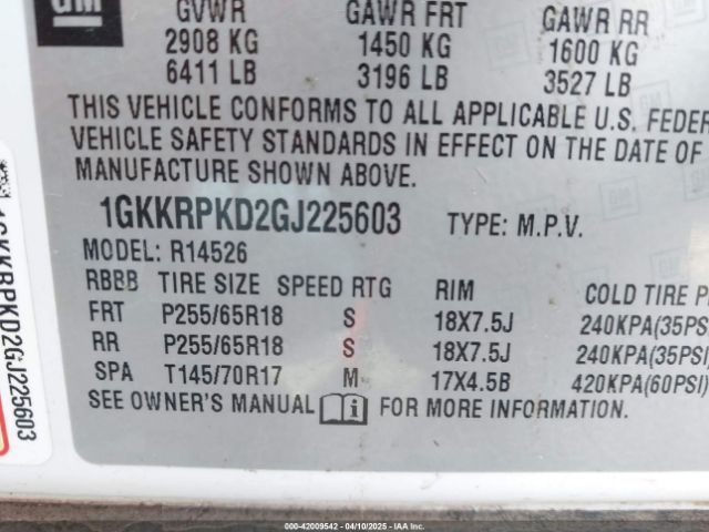 1GKKRPKD2GJ225603 GMC Acadia Sle-2