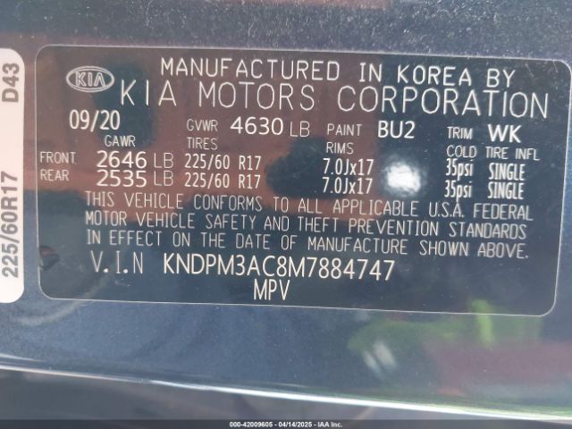 KNDPM3AC8M7884747 KIA Sportage Lx