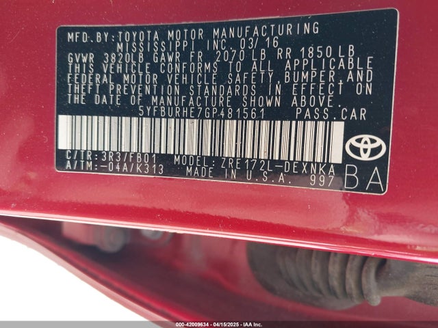 Toyota Corolla Le Plus 2016 5YFBURHE7GP481561 Image 9